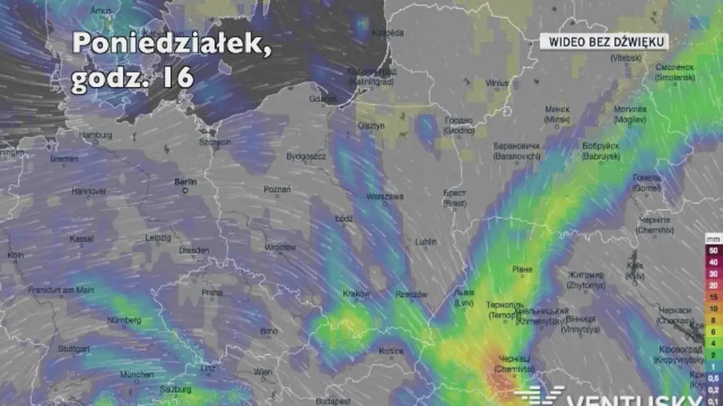 Prognozowane opady deszczu w ciągu pięciu dni (Ventusky