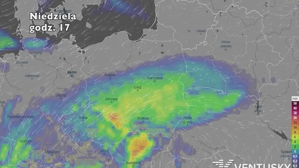 Prognozowane opady na najbliższe dni (Ventusky