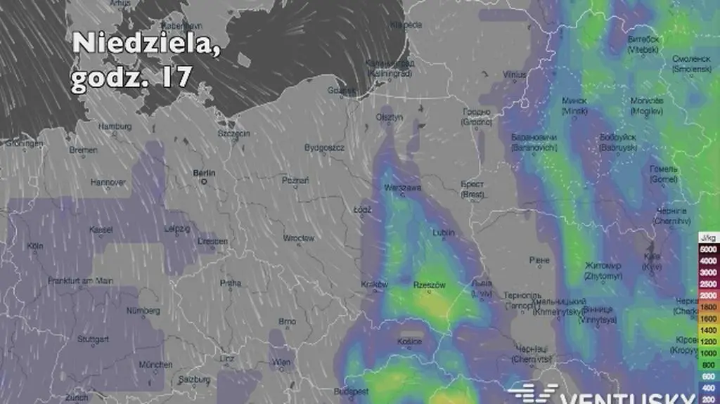 Potencjalny rozwój burz w kolejnych dniach (Ventusky
