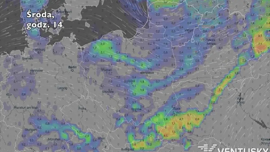 Opady deszczu w ciągu najbliższych dni (Ventusky