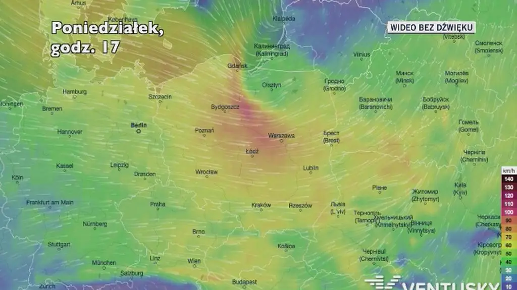 Porywy wiatru w kolejnych dniach (Ventusky