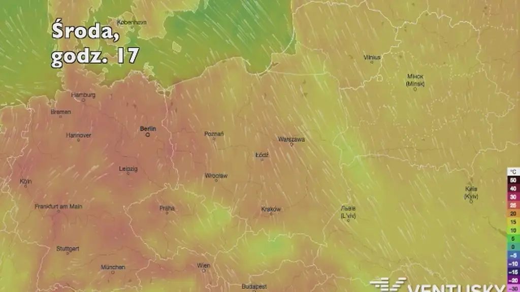 Prognozowana temperatura w kolejnych dniach (Ventusky