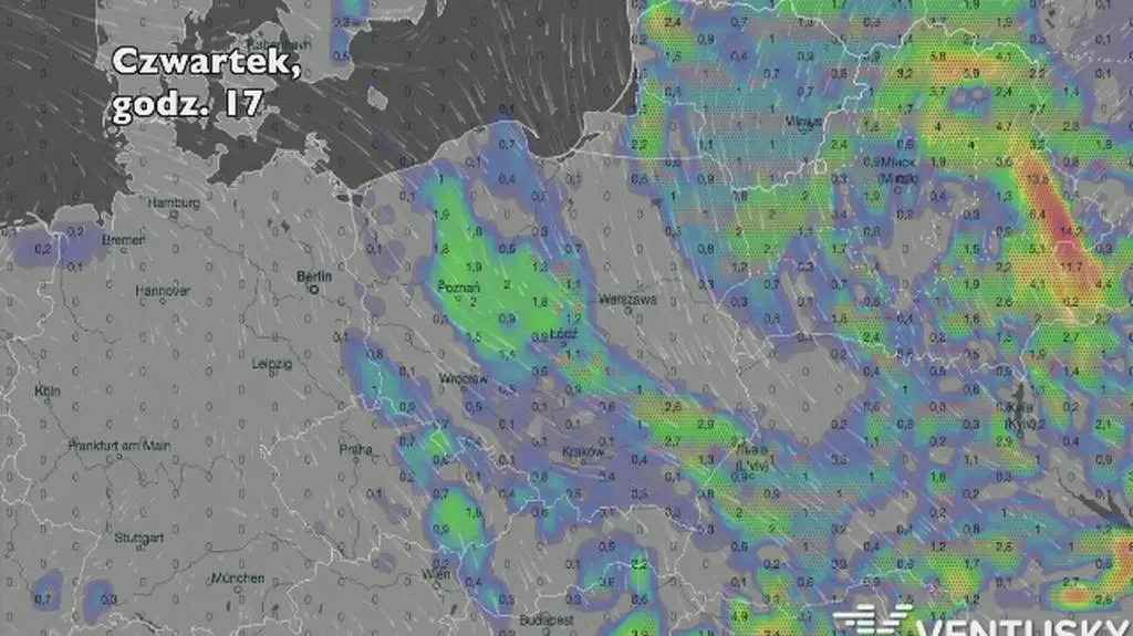 Opady deszczu w ciągu najbliższych pięciu dni (Ventusky