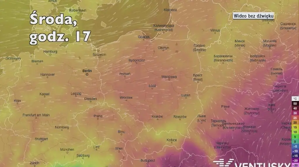 Temperatura w ciągu kolejnych pięciu dni (Ventusky