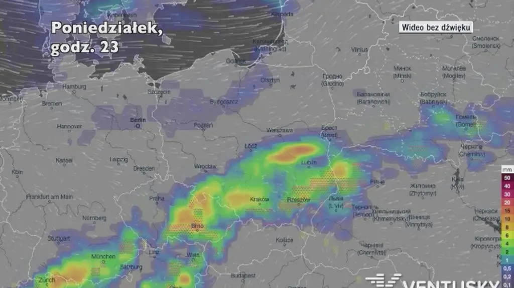 Opady deszczu w ciągu kolejnych pięciu dniu (Ventusky