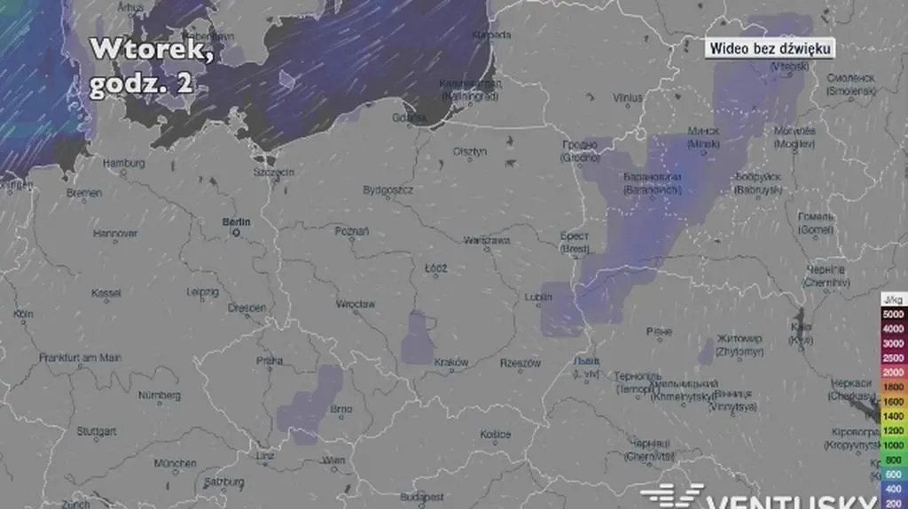 Potencjalny rozwój burz w następnych dniach (Ventusky