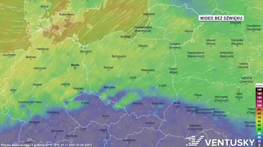 Prognozowane porywy wiatru w dniach 07-11