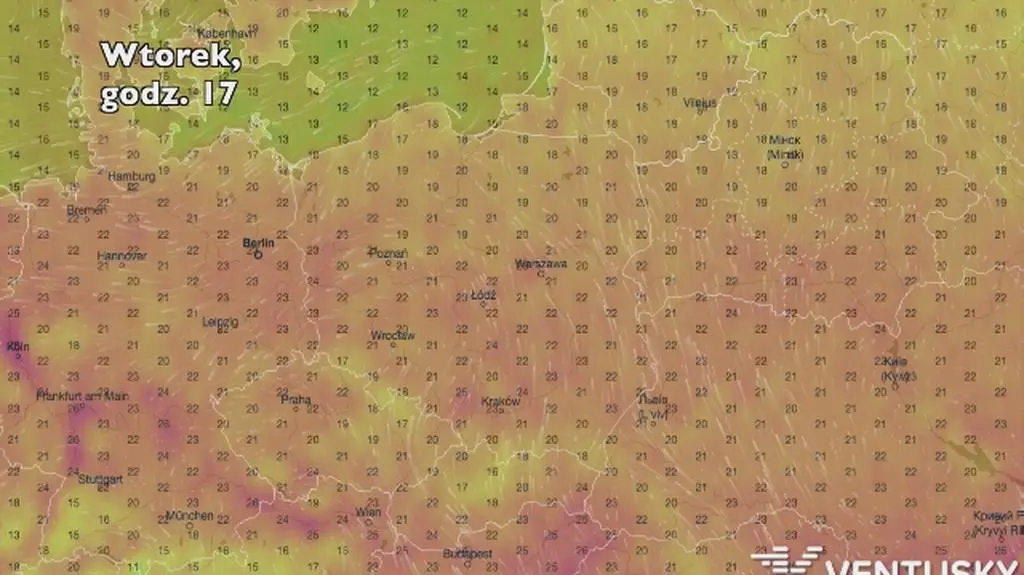 Temperatura w ciągu najbliższych pięciu dni (Ventusky