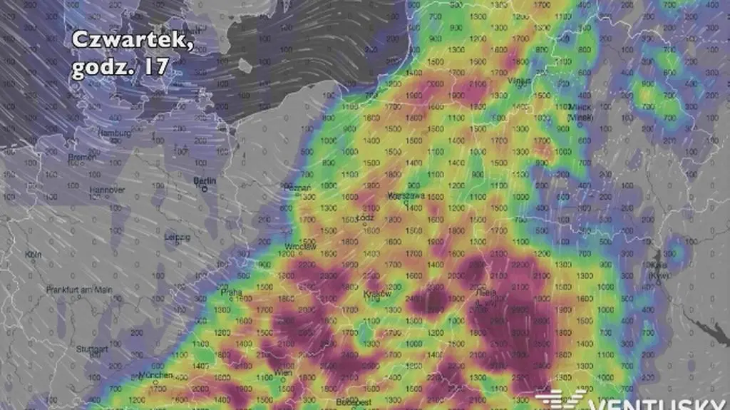 Potencjalny rozwój burz w ciągu najbliższych pięciu dni (Ventusky