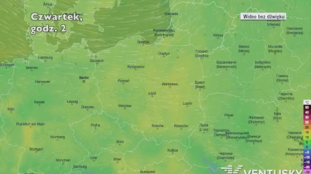 Prognozowana temperatura w następnych dniach (Ventusky