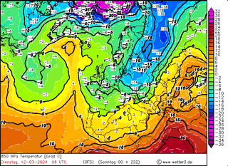 Jęzor zimna - prognozowane pole temperatury na wysokości 1,5 km na 12.03