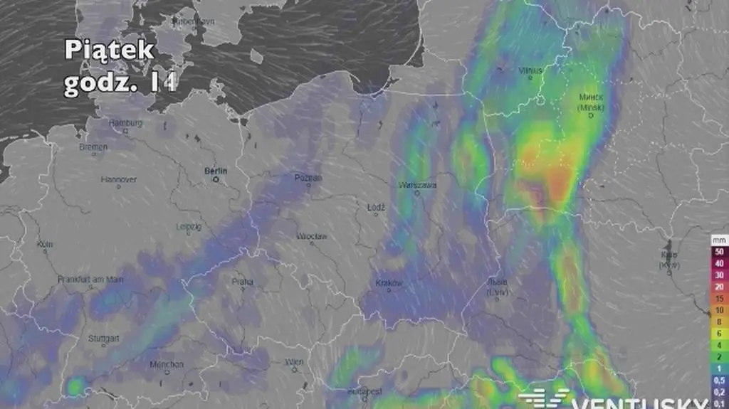 Rozkład i suma opadów w najbliższych dniach (ventusky