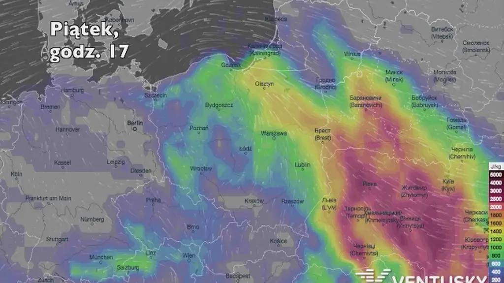 Potencjalny rozwój burz w kolejnych dniach (Ventusky
