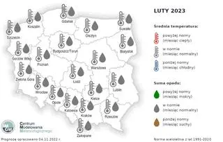Prognoza średniej miesięcznej temperatury powietrza i miesięcznej sumy opadów atmosferycznych na luty 2023 roku dla wybranych miast w Polsce