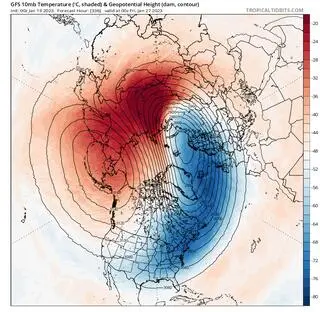 Prognoza przesunięcia się zimnego powietrza według modelu GFS. 27 stycznia rdzeń (centrum) wiru może znaleźć się blisko Skandynawii