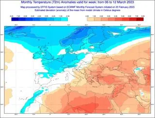 Zimno wchodzi od 6 marca. Odchylenie średniej temperatury powietrza w danym okresie od normy wieloletniej