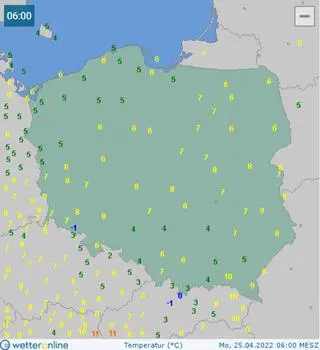 Temperatura w Polsce 25.04.2022 ok. godz. 6
