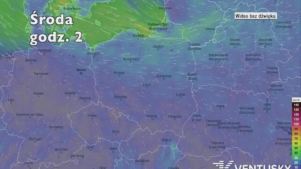 Prognozowane porywy wiatru w najbliższych dniach (Ventusky