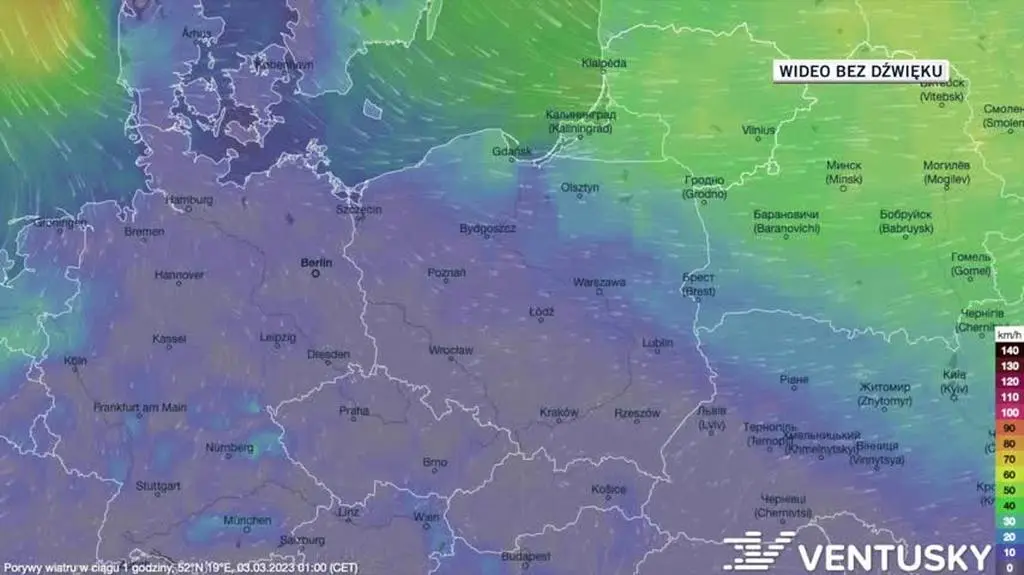 Prognozowane porywy wiatru w dniach 3-7