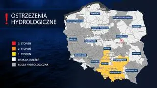 Alerty hydrologiczne IMGW. Kolorem szarym oznaczono regiony, w których panuje susza hydrologiczna