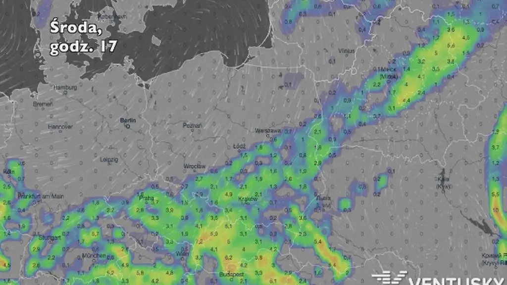 Opady w ciągu najbliższych pięciu dni (Ventusky