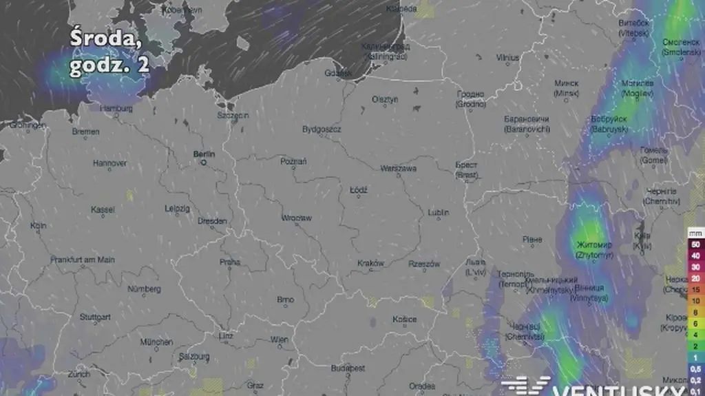 Opady deszczu w ciągu najbliższych pięciu dni (Ventusky