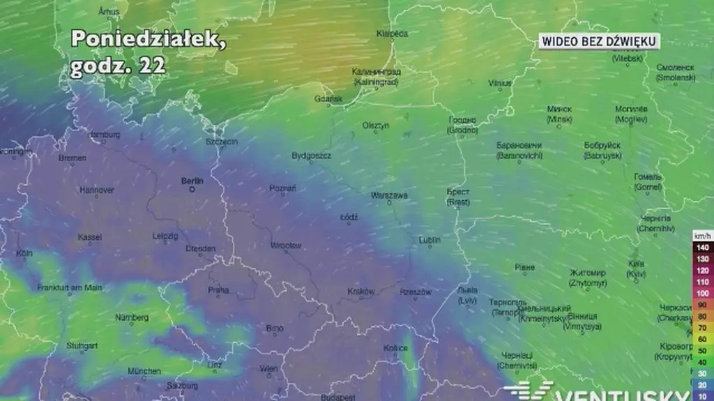 Porywy wiatru w kolejnych dniach (Ventusky