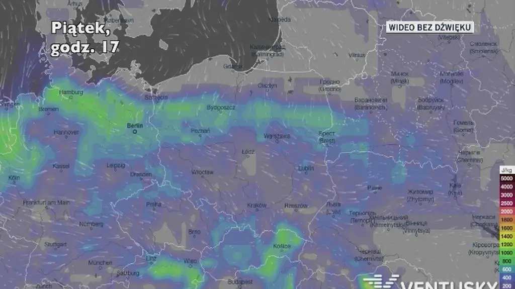 Potencjalny rozwój burz w ciągu najbliższej doby (Ventusky