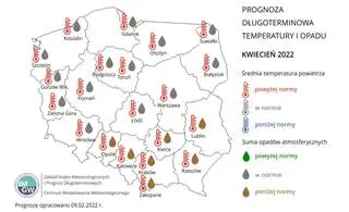 Prognoza średniej miesięcznej temperatury powietrza i miesięcznej sumy opadów atmosferycznych na kwiecień 2022 r. dla wybranych miast w Polsce