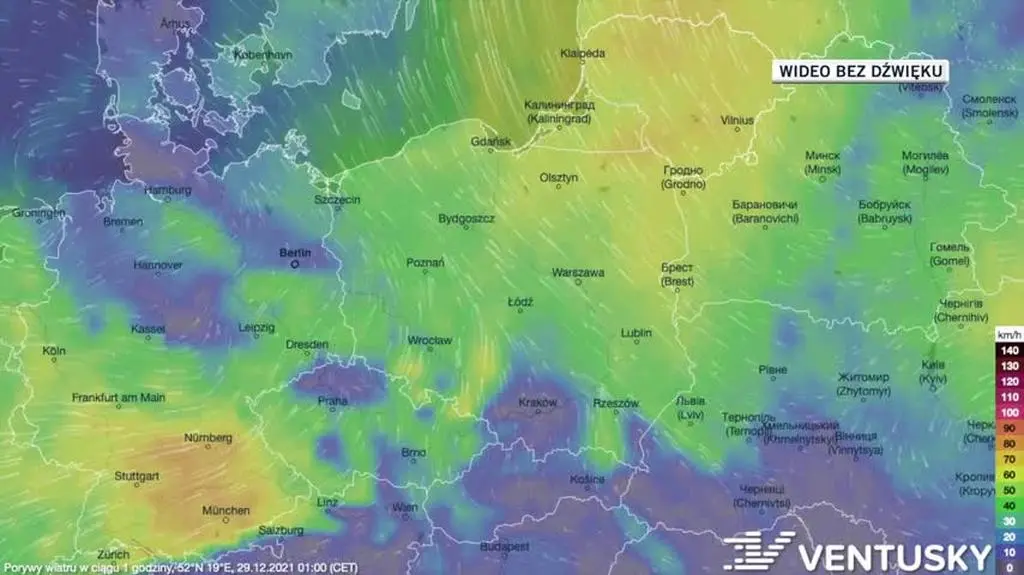 Prognozowane porywy wiatru w dniach 29