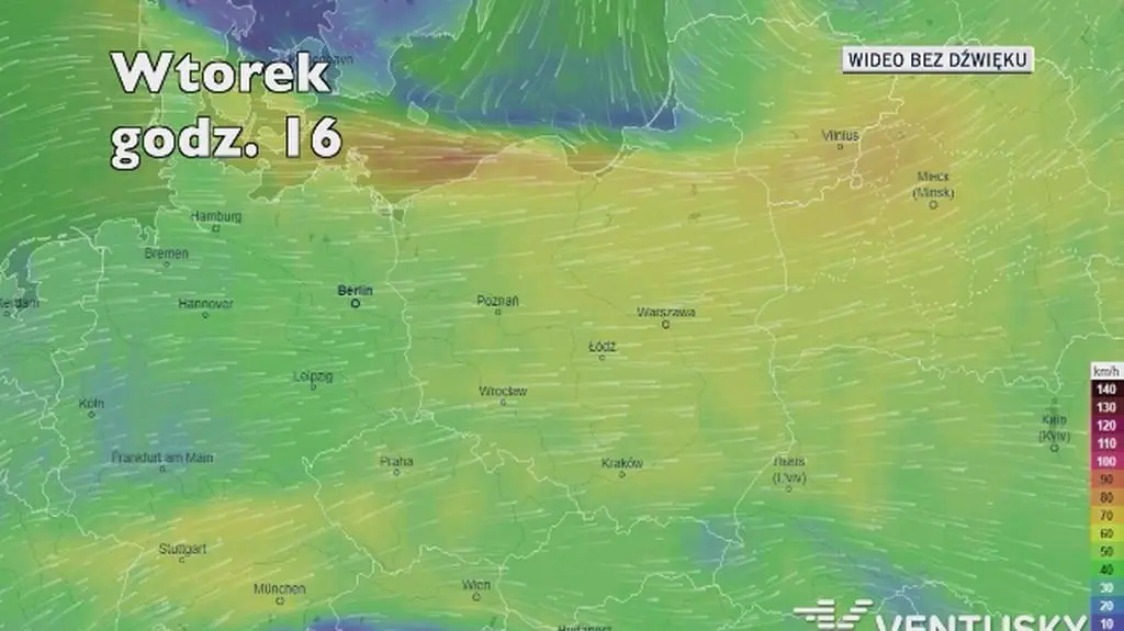 Prognozowane porywy wiatru w najbliższych dniach (Ventusky