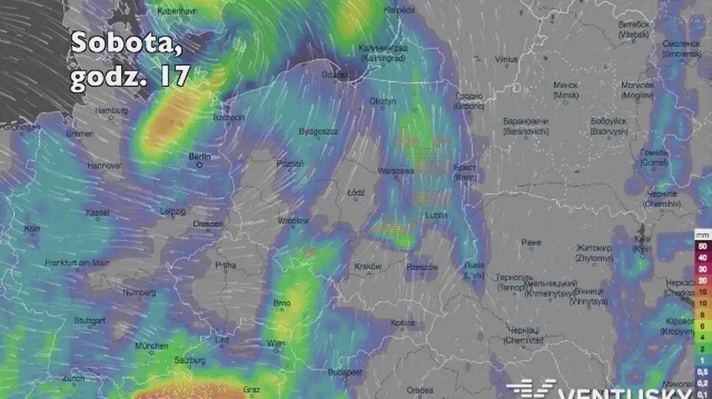 Opady deszczu w kolejnych dniach (Ventusky