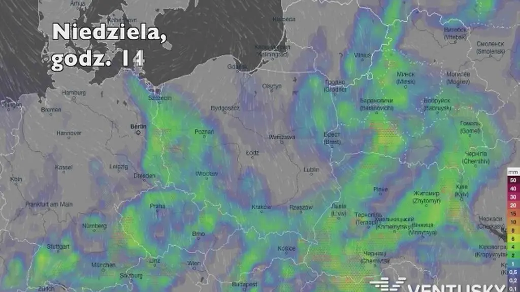 Prognozowane opady deszczu w kolejnych dniach (Ventusky