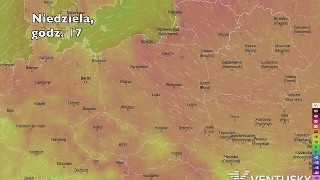 Temperatura w ciągu kolejnych pięciu dni (Ventusky