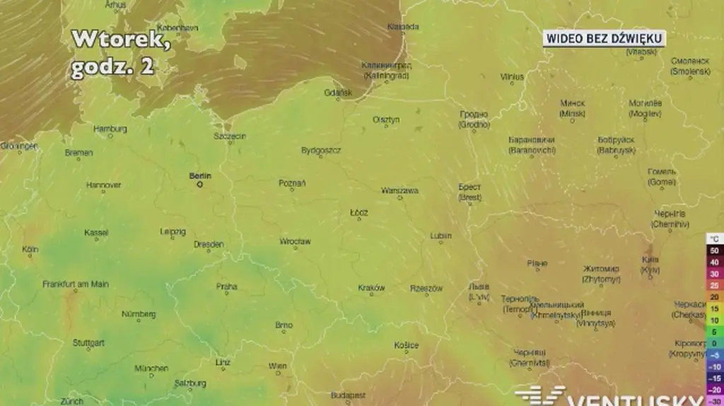 Prognozowana temperatura w najbliższych dniach (Ventusky