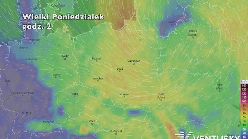 Prędkość porywów wiatru w najbliższych dniach (ventusky