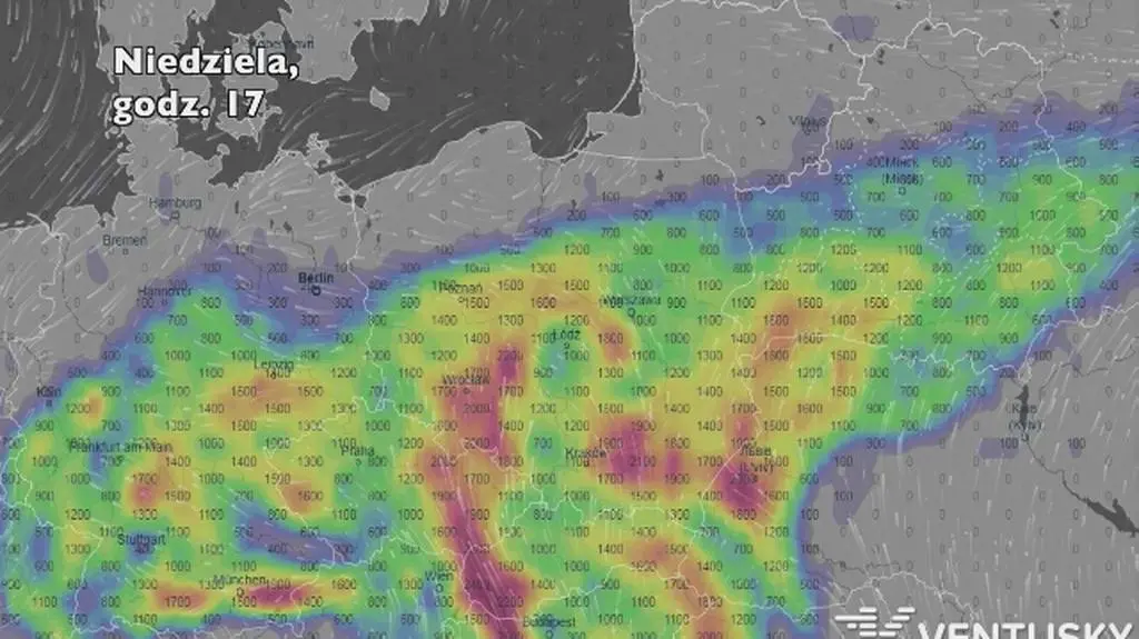 Potencjalne miejsce wystąpienia burz (Ventusky