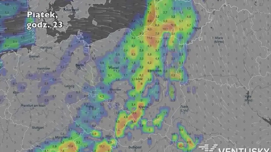 Opady w ciągu najbliższych pięciu dni (Ventusky