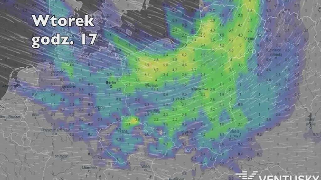 Prognozowane opady na najbliższe dni (Ventusky