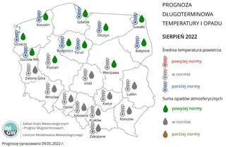 Prognoza średniej miesięcznej temperatury powietrza i miesięcznej sumy opadów atmosferycznych na sierpień 2022 r. dla wybranych miast w Polsce