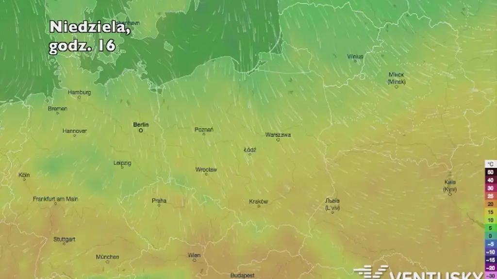 Temperatura w ciągu najbliższych pięciu dni (Ventusky