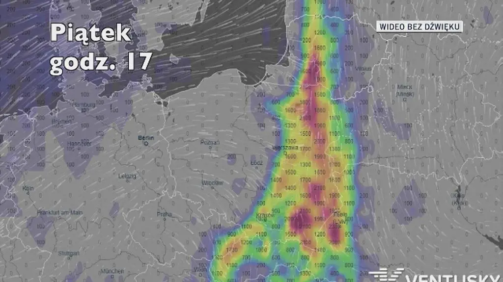 Potencjalne miejsce wystąpienia burz w piątek (Ventusky