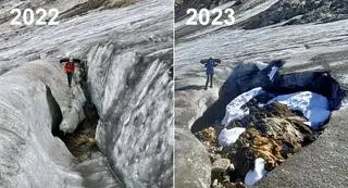 Lodowiec Gries w Valais w 2022 i 2023 roku