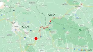 Droga nr 10 w Czechach. Jaskrawoczerwonym kolorem zaznaczono zamknięty odcinek