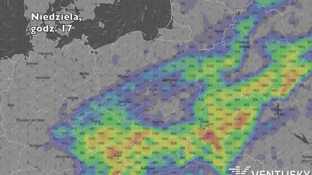 Potencjalny rozwój burz w ciągu najbliższych pięciu dni (Ventusky