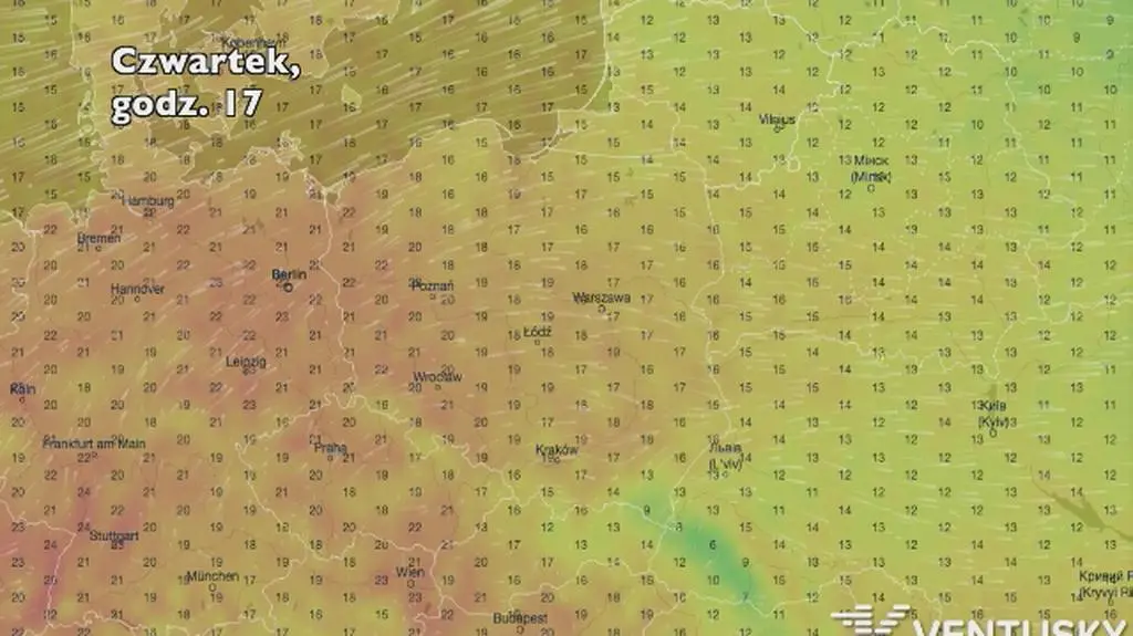 Temperatura w ciągu najbliższych pięciu dni (Ventusky