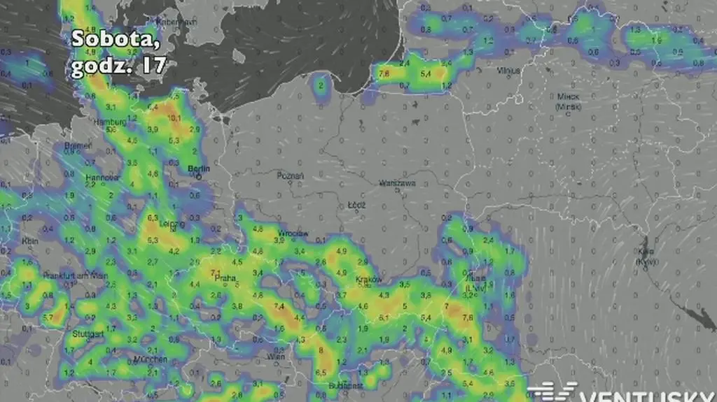 Opady deszczu w ciągu pięciu dniu (Ventusky