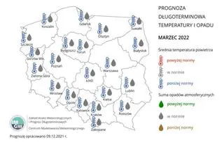 Prognoza średniej miesięcznej temperatury powietrza i miesięcznej sumy opadów atmosferycznych na marzec 2022 r. dla wybranych miast w Polsce.
