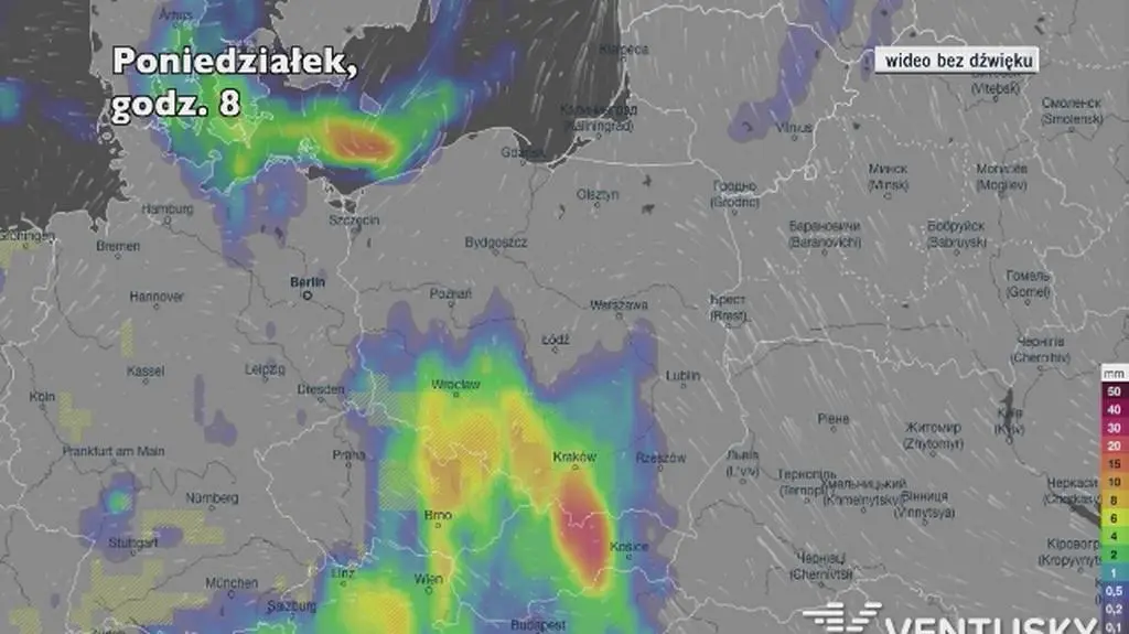 Opady deszczu w ciągu kolejnych pięciu dni (Ventusky
