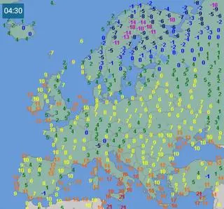 Temperatura powietrza w Europie o godzinie 4.30 w poniedziałek 8 listopada